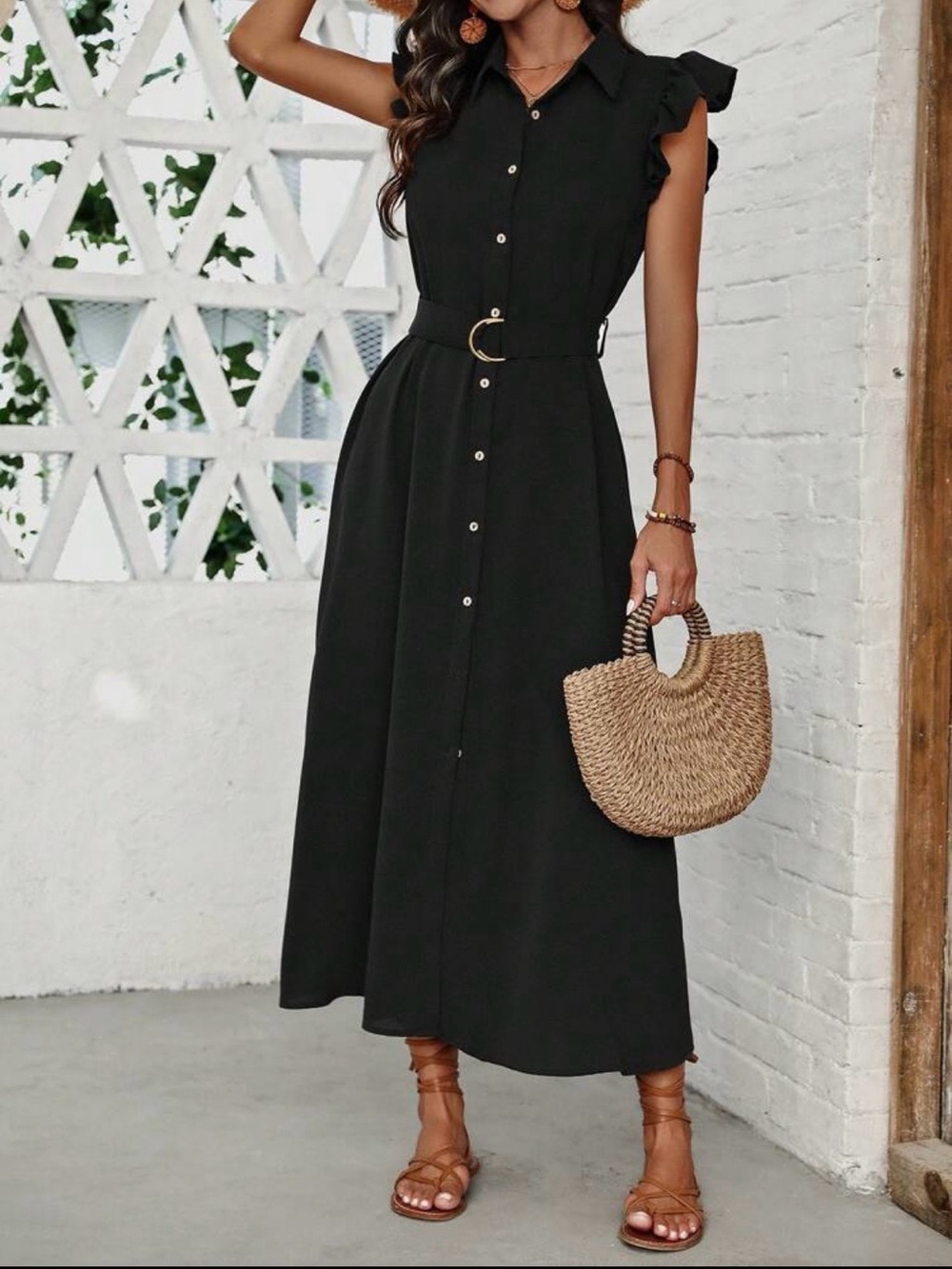 Classic Black Button-Front Shirt Dress with Belt